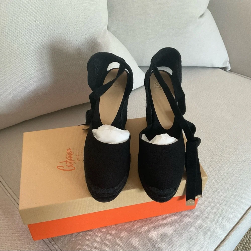 NWT CASTANER CARINA 110 BLACK WEDGE ESPADRILLES SIZE IT 38 .
